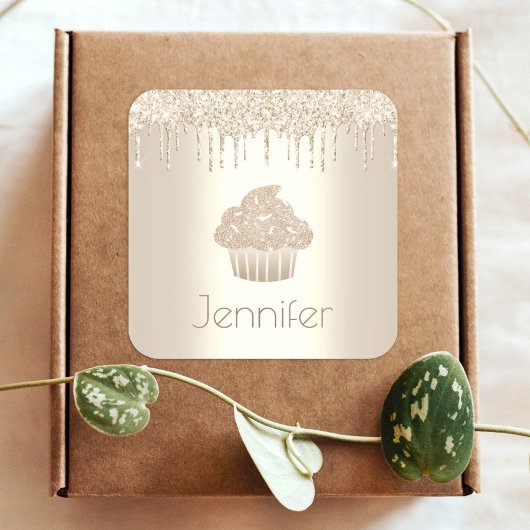 Gouden cupcake glitter druppels naam moderne glam  vierkante sticker