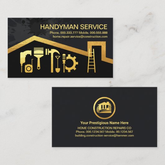 Gouden Dak Handyman Gereedschap Verf Splatter Visitekaartje (Voorkant / Achterkant)