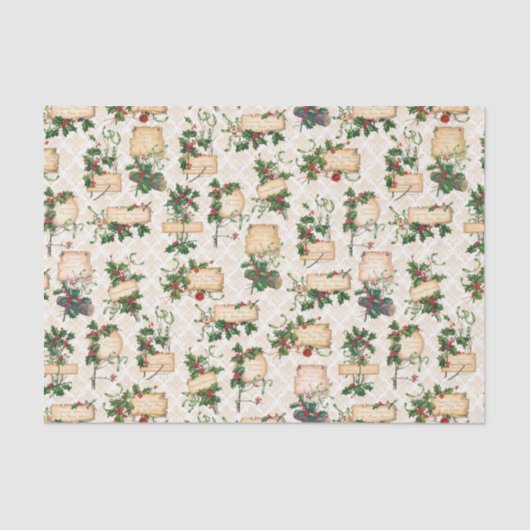 Gouden Damask, Kerstgroeten &  Holly Tissuepapier (Voorkant)