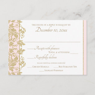Gouden Damask Vine Bloemen Roze en Goud Reactie RSVP Kaartje