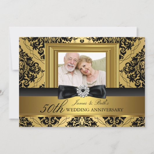 Gouden Damast Boog Foto 50ste Huwelijksverjaardag  Kaart (Voorkant)