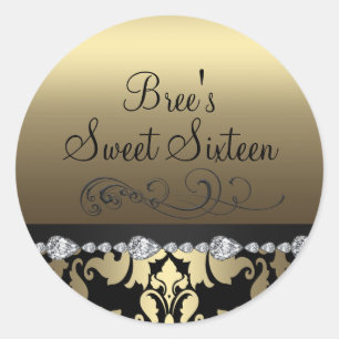 Gouden Damast & Diamanten Sweet 16 Sticker