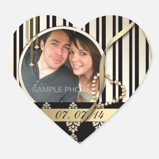 Gouden damast foto Save the Date Labels Hart Vorm (Voorkant)