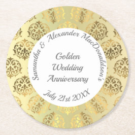 Gouden damast gouden huwelijksverjaardag ronde kartonnen onderzetter