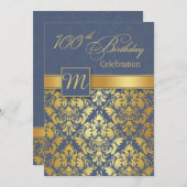 Gouden damast op blauwe uitnodiging voor 100e verj (Voorkant / Achterkant)