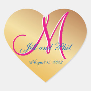 Gouden Damast Sinaasappel Geel 3D Monogram Hart Sticker