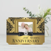 Gouden Damast Strik Foto 50ste Huwelijksjubileum 3 Kaart (Staand voorkant)