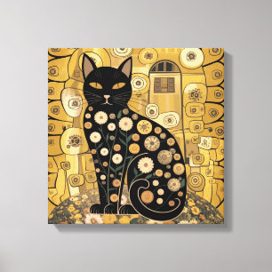 Gouden decoratieve Gustav Klimt stijl zwarte kat k Canvas Afdruk