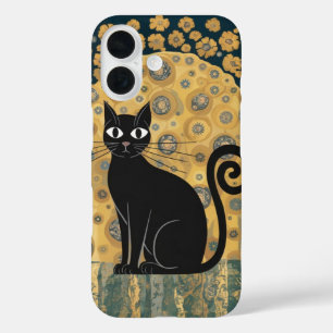 Gouden decoratieve Gustav Klimt stijl zwarte kat k iPhone 16 Hoesje