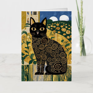 Gouden decoratieve Gustav Klimt-stijl zwarte kat k Folie Wenskaart