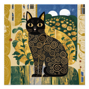 Gouden decoratieve Gustav Klimt stijl zwarte kat k Foto Afdruk