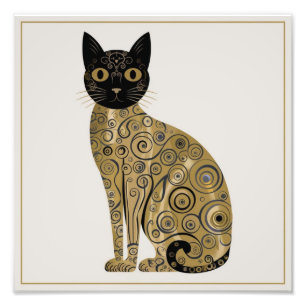 Gouden decoratieve Gustav Klimt stijl zwarte kat k Foto Afdruk