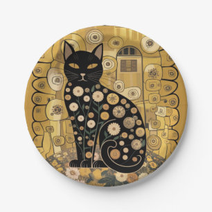 Gouden decoratieve Gustav Klimt stijl zwarte kat k Papieren Bordje