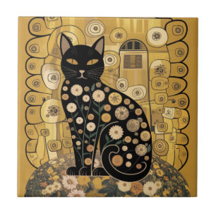 Gouden decoratieve Gustav Klimt stijl zwarte kat k Tegeltje