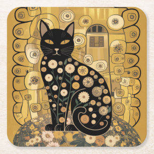 Gouden decoratieve Gustav Klimt stijl zwarte kat k Vierkante Kartonnen Onderzetter