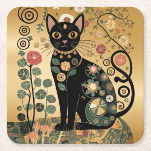 Gouden decoratieve Gustav Klimt stijl zwarte kat k Vierkante Kartonnen Onderzetter