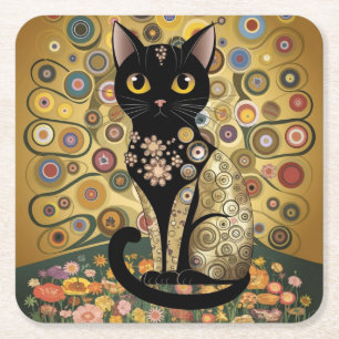 Gouden Decoratieve Gustav Klimt Stijl Zwarte Katte Vierkante Kartonnen Onderzetter