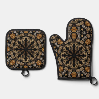 Gouden decoratieve ovenwant en pannenlap set