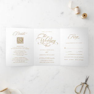 Gouden Delicate Elegant Script Wedding Drieluik Uitnodiging