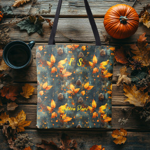 Gouden Dennen Tote met Herfstblad en Denneappel Draagtas