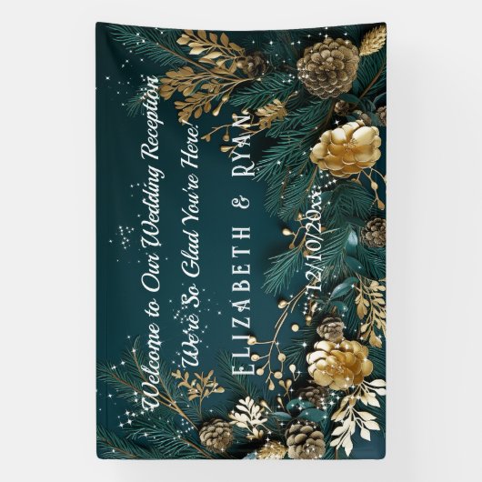 Gouden dennenappels Dennen takken Jager groen Welk Spandoek (Verticaal)