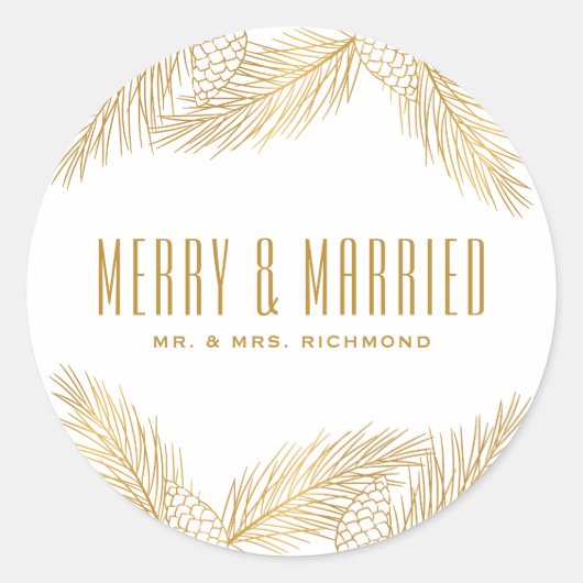 Gouden dennennaalden Blij en getrouwd Kerstfeest Ronde Sticker (Voorkant)
