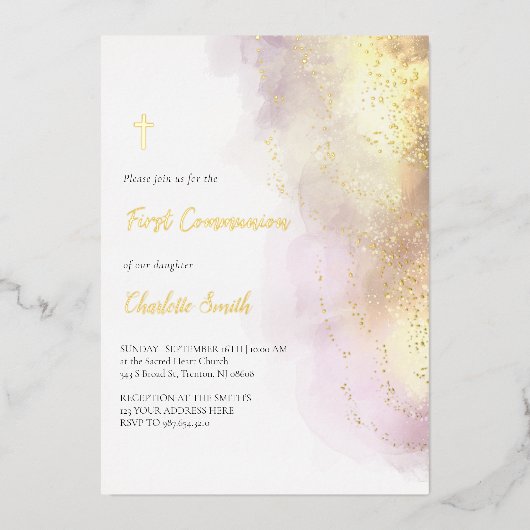 gouden details Eerste mededeling Folie Uitnodiging (Voorkant)