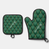 Gouden Diamant Donkere Smaragd Groene Aangepaste N Ovenwant & Pannenlap Set (Voorkant)