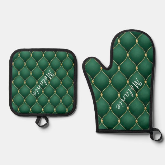 Gouden Diamant Donkere Smaragd Groene Aangepaste N Ovenwant & Pannenlap Set (Voorkant)