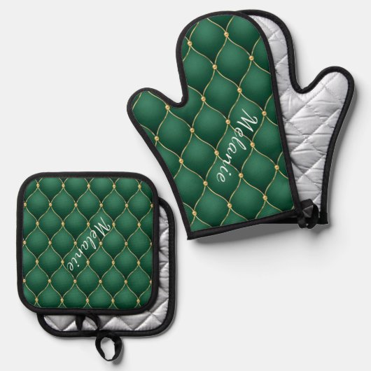 Gouden Diamant Donkere Smaragd Groene Aangepaste N Ovenwant & Pannenlap Set (Voorkant / Achterkant)