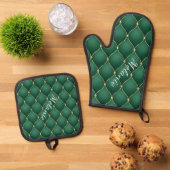 Gouden Diamant Donkere Smaragd Groene Aangepaste N Ovenwant & Pannenlap Set (Top down)