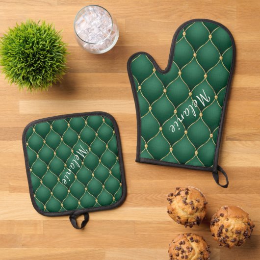 Gouden Diamant Donkere Smaragd Groene Aangepaste N Ovenwant & Pannenlap Set (Top down)