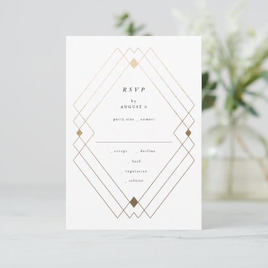 Gouden Diamant Zwarte Geometrische Deco Gatsby Bru RSVP Kaartje (Staand voorkant)