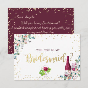 Gouden diamanten bordeauxrode bloemen bruidsmeisje kaart