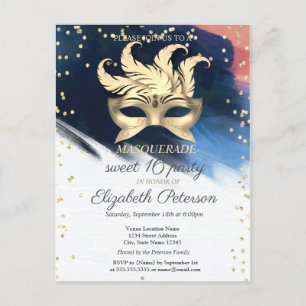 Gouden diamanten,Masque,Kwaststreek Sweet 16 Uitnodiging Briefkaart