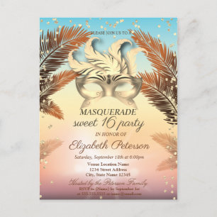 Gouden diamanten,Masque,Palmen Sweet 16 Uitnodiging Briefkaart