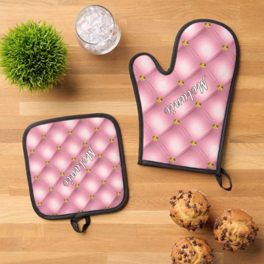 Gouden Diamond Tufted Custom Jouw naam Roze Ovenwant & Pannenlap Set (Top down)