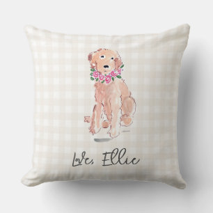 Gouden Doodle Art Dog Bloemen Liefde NAAM Gingham Kussen