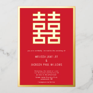 Gouden Double Luck Chinese bruiloft Folie Uitnodig Uitnodiging