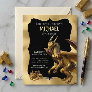 Gouden Draak Fantasie Verjaardagsuitnodiging Kaart