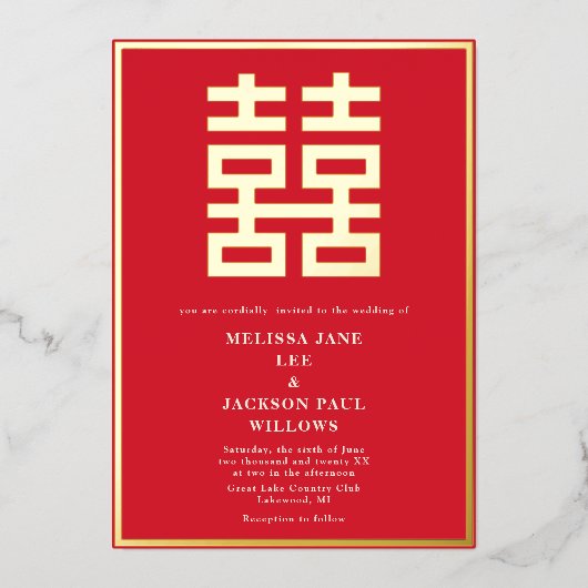Gouden Dubbel Geluk Chinese bruiloft Folie Uitnodi Uitnodiging (Voorkant)