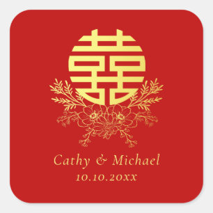 Gouden dubbele geluksbloemkrans Chinese Vierkante Sticker