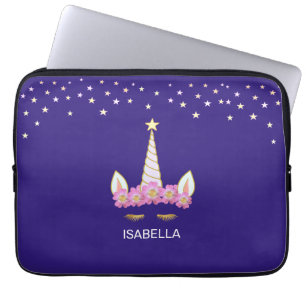 Gouden eenhoorn, bloemen & sterren op indigoblauw laptop sleeve