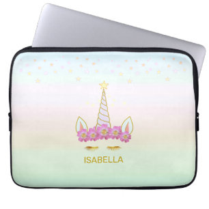 Gouden eenhoorn, bloemen & sterren op pastelkleure laptop sleeve