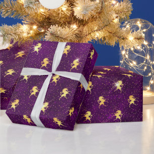 Gouden Eenhoorn Rasterpatroon op Diep Paars Cadeaupapier
