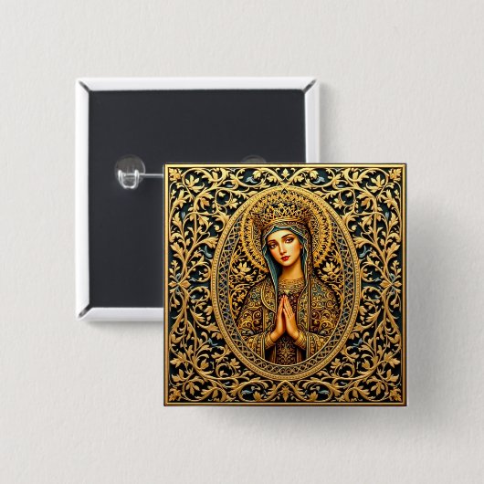 Gouden eerbied Maagd Maria Vierkante Button 5,1 Cm (Voorkant /achterkant)