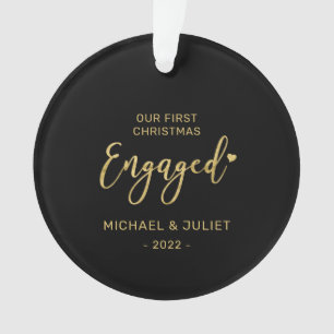Gouden Eerste Kerst Verloofd Koppel Foto Keramiek  Ornament