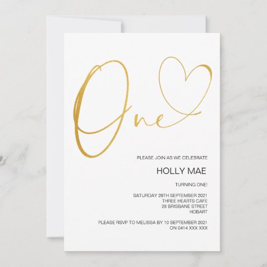 Gouden Eerste Verjaardag Uitnodiging 1e Verjaardag (Voorkant)