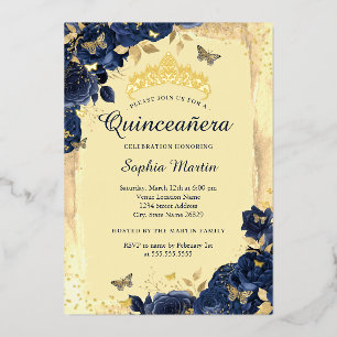 Gouden Elegante Bloem Vlinder Navy Quinceanera Folie Uitnodiging