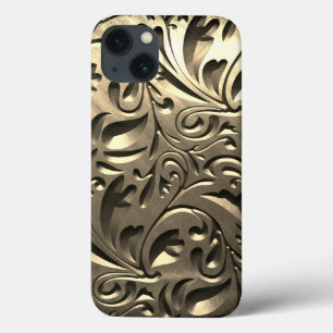 Gouden elegante gegraveerde metalen uitziende bloe iPhone 13 hoesje